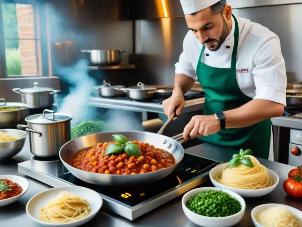 Una cocina italiana tradicional rebosante de actividad, con Luca Manfè preparando platos clásicos con pasión