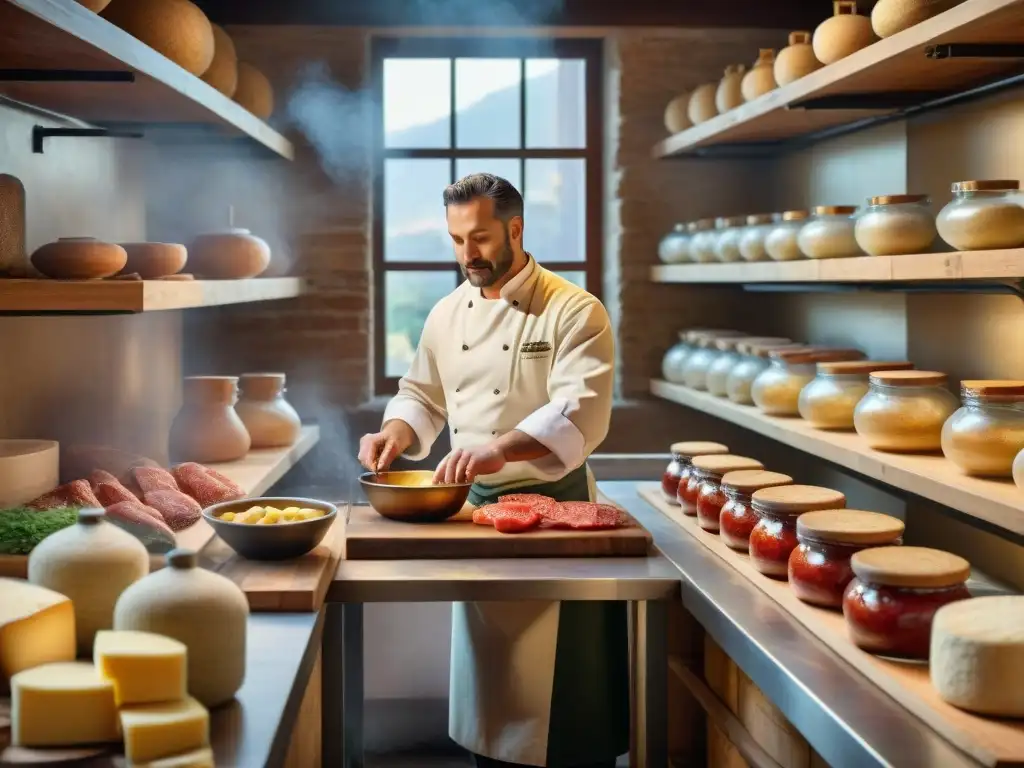 Una cocina italiana tradicional rebosante de actividad, mostrando el Renacimiento de la fermentación en Italia