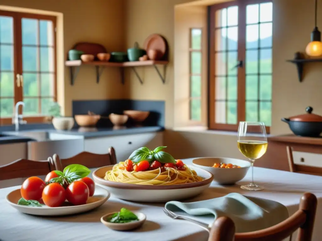 Una cocina italiana tradicional con recetas familiares italianas tradicionales en una mesa de madera vintage