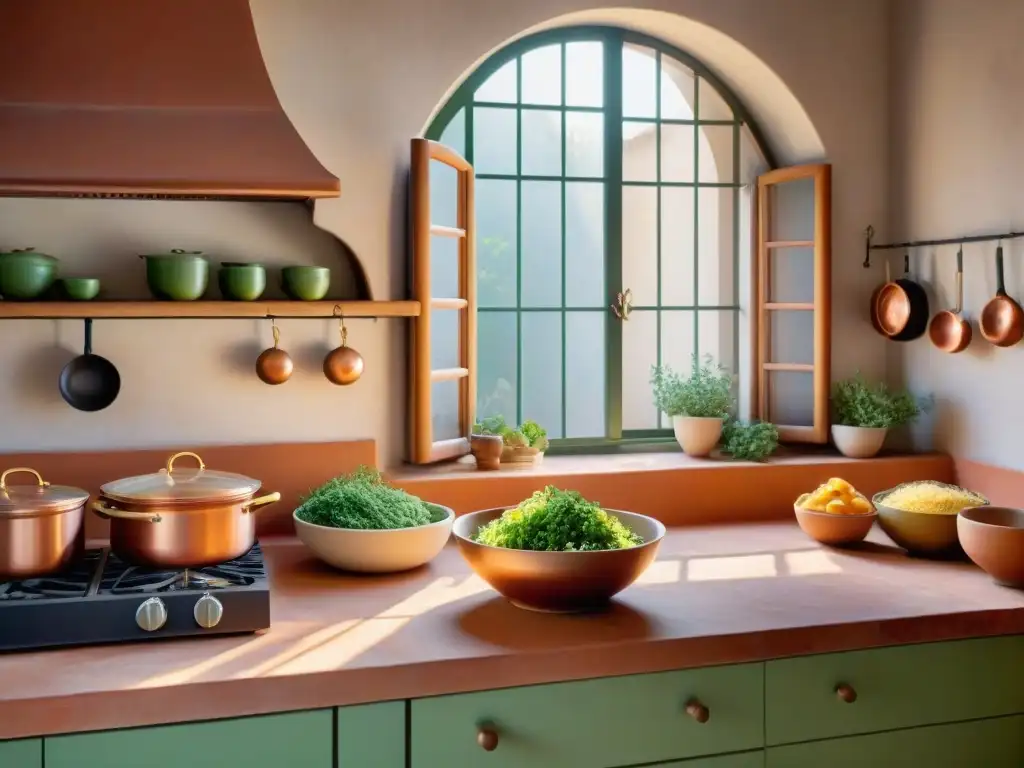Encanto atemporal en una cocina florentina Una cocina italiana tradicional y tendencias: focaccia recién horneada, pasta artesanal y utensilios de cobre colgando sobre una encimera de mármol