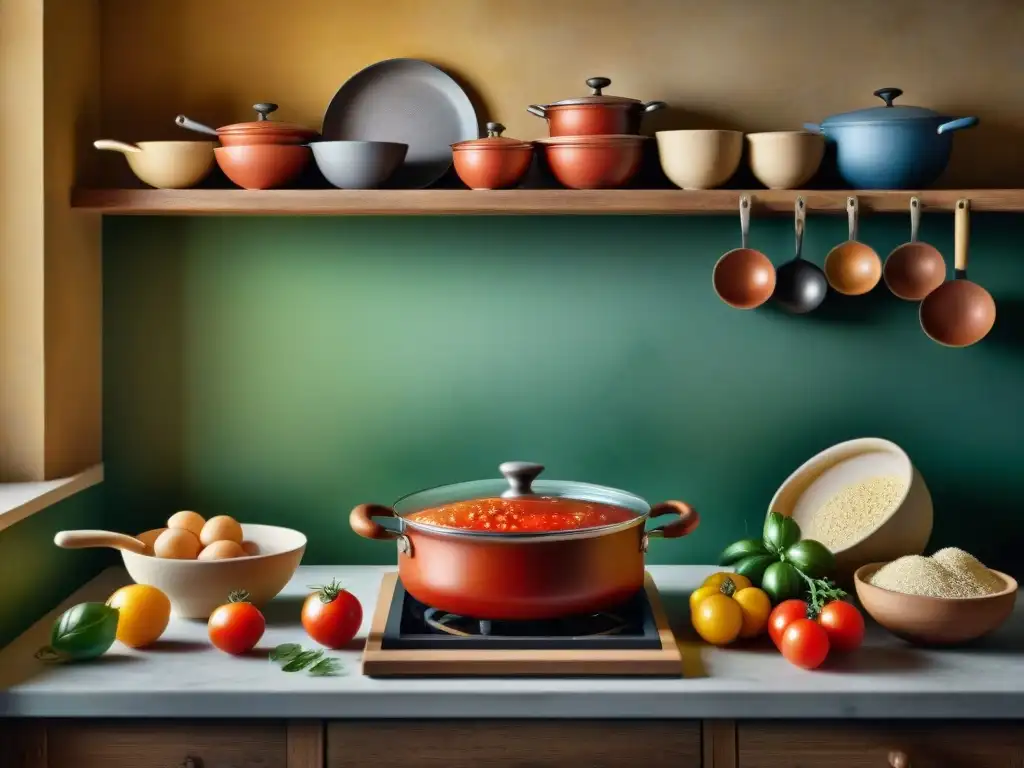 Una cocina italiana tradicional de la era pre tomate: utensilios de cocina, ollas, ingredientes