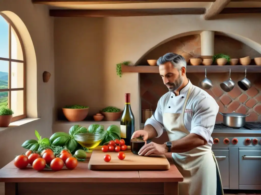 Una cocina italiana tradicional en Toscana con maridajes de vinos regionales y chef preparando plato clásico