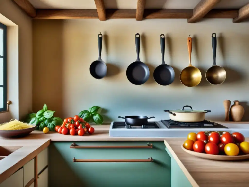 Una cocina italiana tradicional vibrante en cine, con un chef hábil creando pasta artesanal rodeado de ingredientes frescos