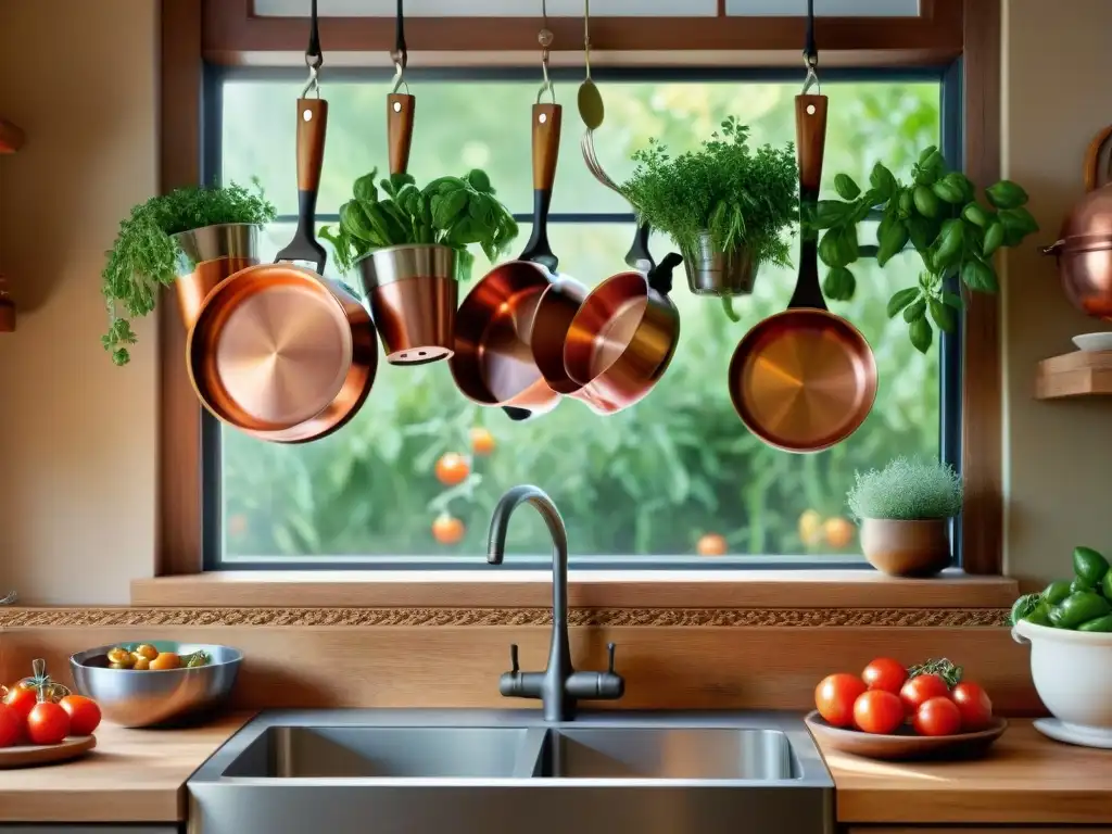 Cocina italiana con utensilios de cobre brillante colgados en una rustica repisa de madera, resaltando el cuidado utensilios cocina italiana