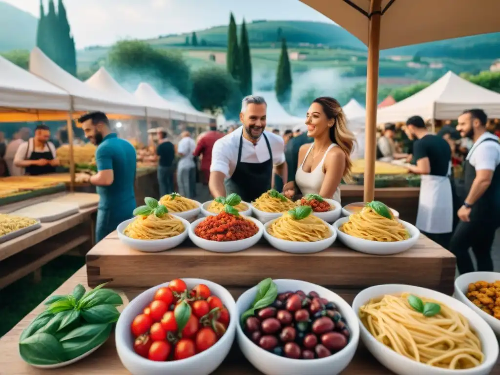 Cocina italiana vegana en bullicioso festival con chefs y comensales disfrutando de delicias sin crueldad