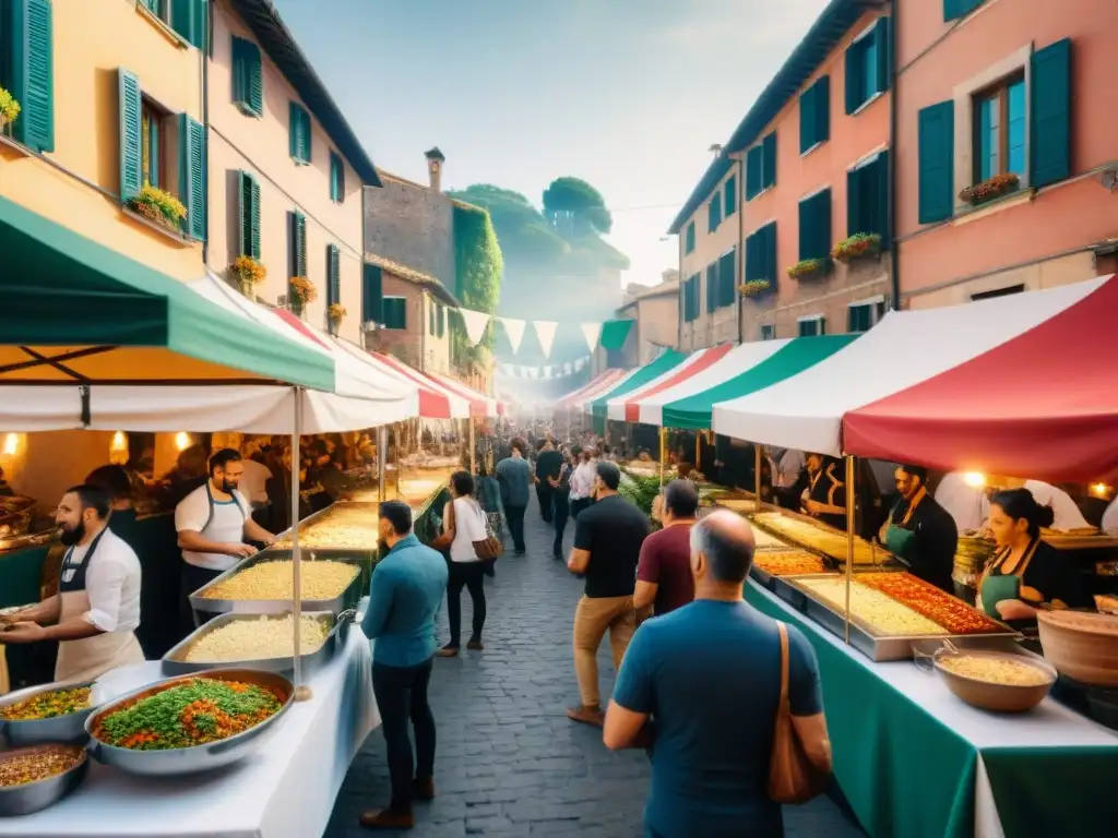 Cocina italiana vegana festivales: Escena vibrante de festival culinario al aire libre con variedad de platillos y diversa multitud disfrutando