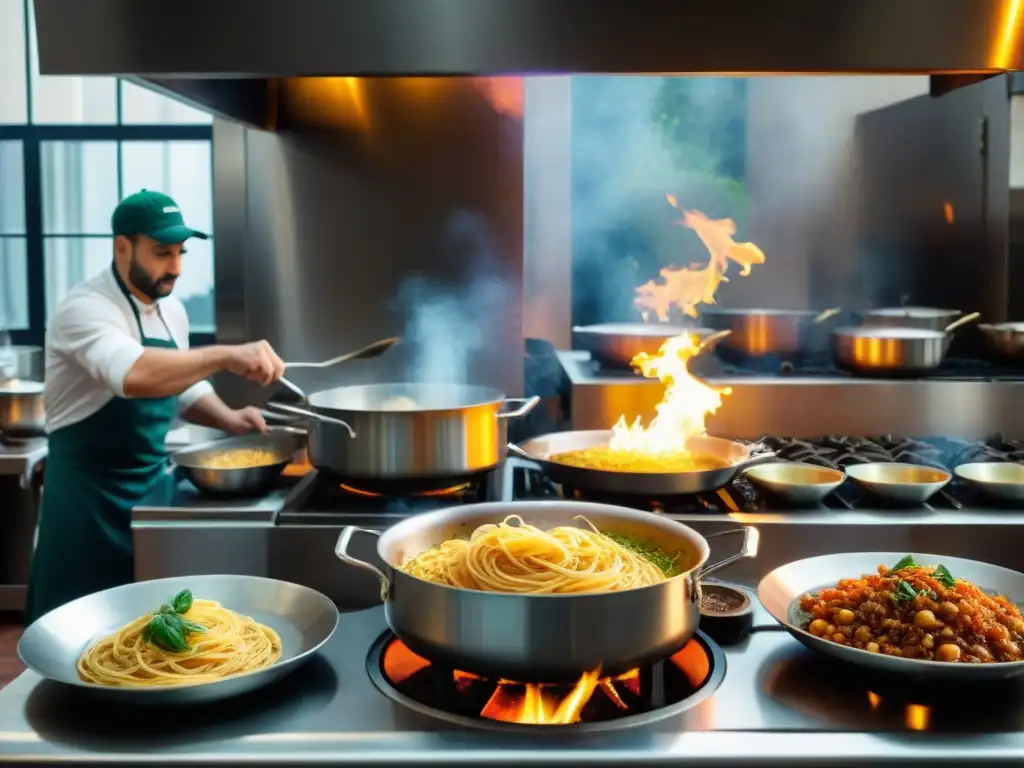 Cocina italiana vibrante con chefs expertos preparando platos tradicionales mientras las llamas saltan