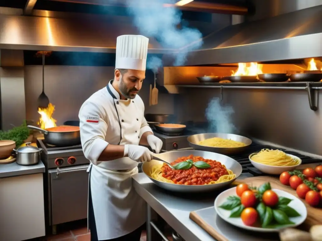 Una cocina italiana vibrante con chefs preparando platos icónicos en un ambiente lleno de pasión y color