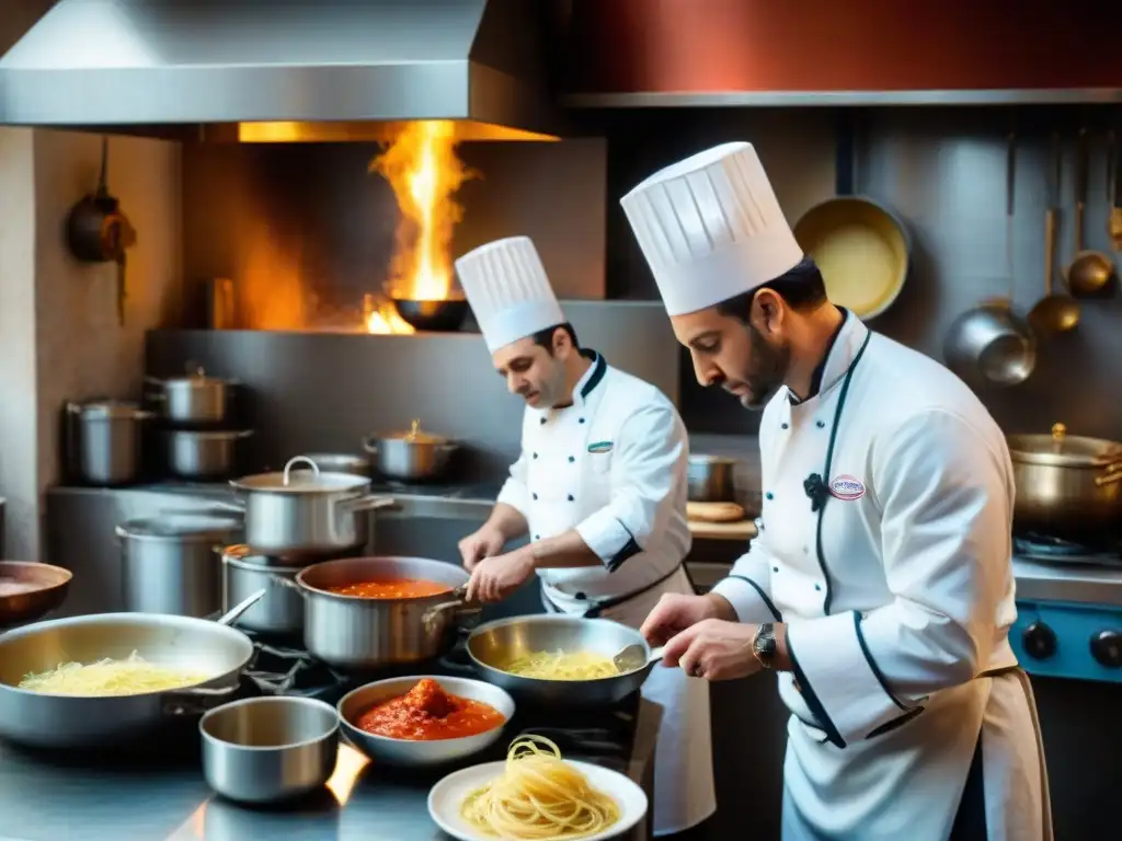 Cocina italiana vibrante: Chefs preparando platos clásicos con pasión Cocina italiana vibrante en el cine: Chefs preparan platos clásicos entre ollas y sartenes vintage