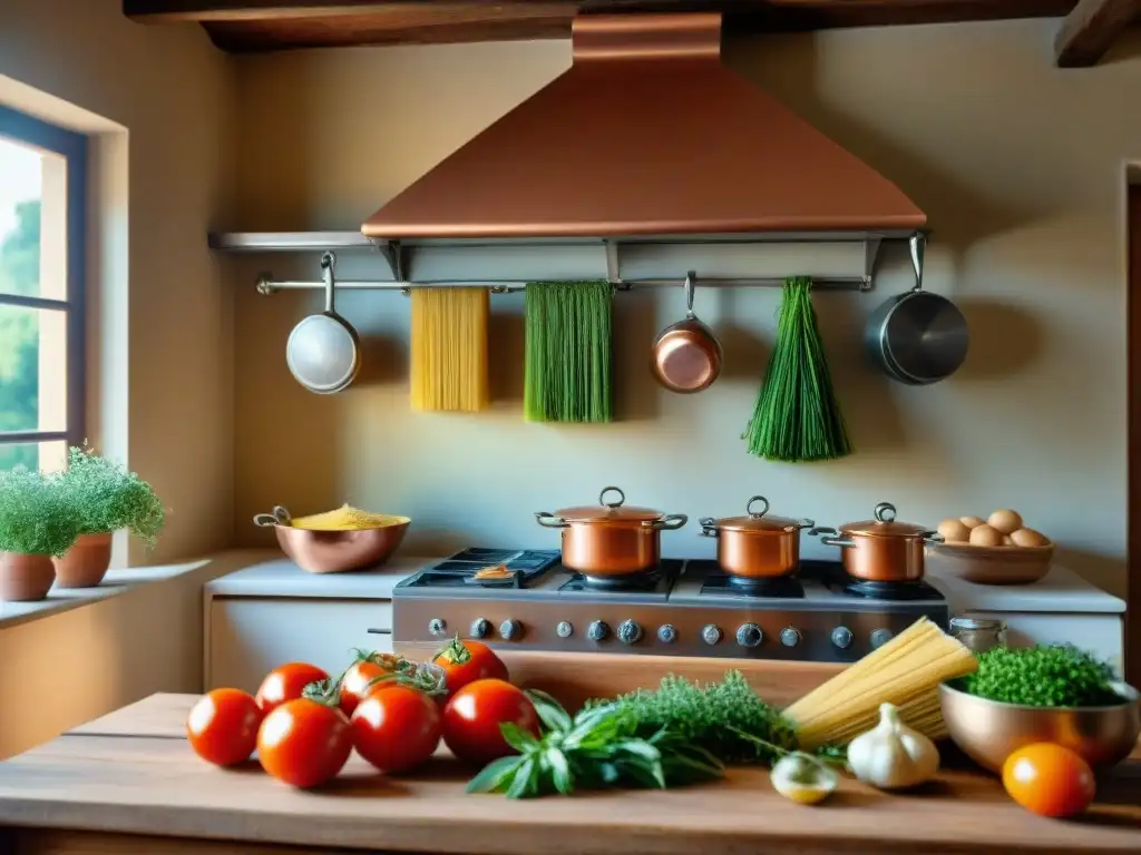 Una cocina italiana vintage con utensilios tradicionales y una nonna cocinando ragú