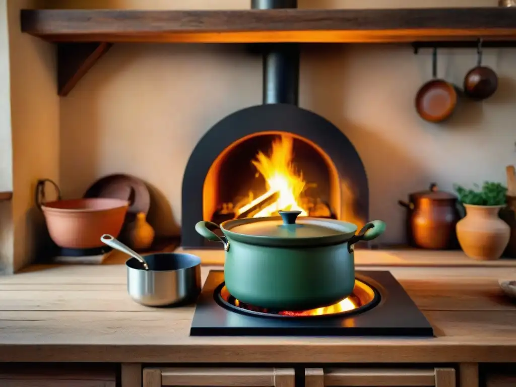 Una cocina lenta italiana con ollas de terracota en un fogón de leña, transmitiendo calidez y autenticidad