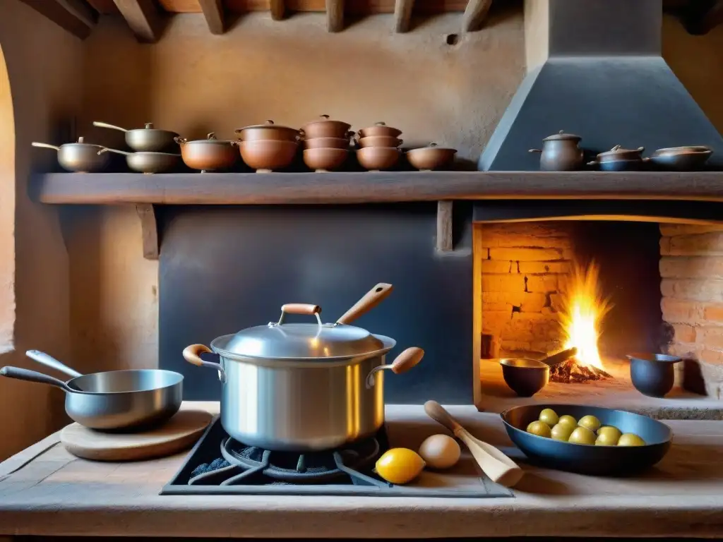 Cocina medieval en Siena, Italia, con utensilios antiguos, ollas burbujeantes y ingredientes coloridos