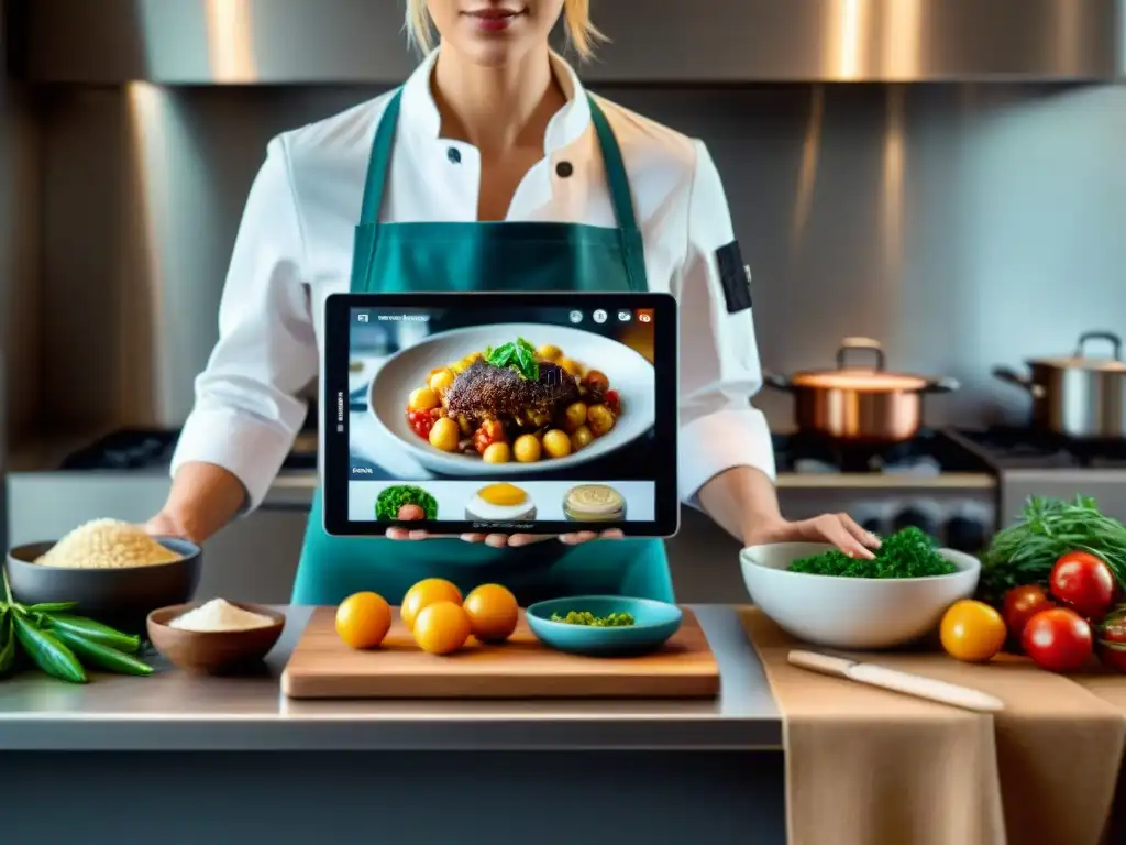 Una cocina moderna con gadgets inteligentes IoT en la preparación de una receta italiana tradicional