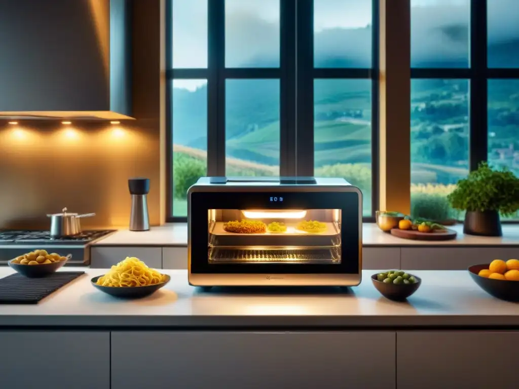 Una cocina moderna con gadgets inteligentes para cocina italiana tendencias, bañada en cálida luz natural