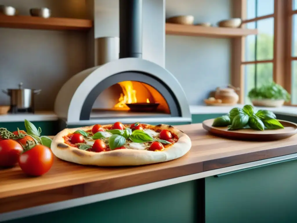 Cocina moderna con horno de pizza y ingredientes frescos