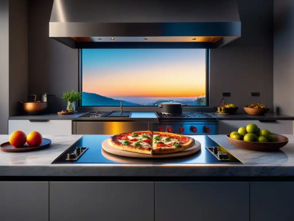 Cocina moderna con horno de pizza de acero inoxidable iluminado por una cálida luz de atardecer