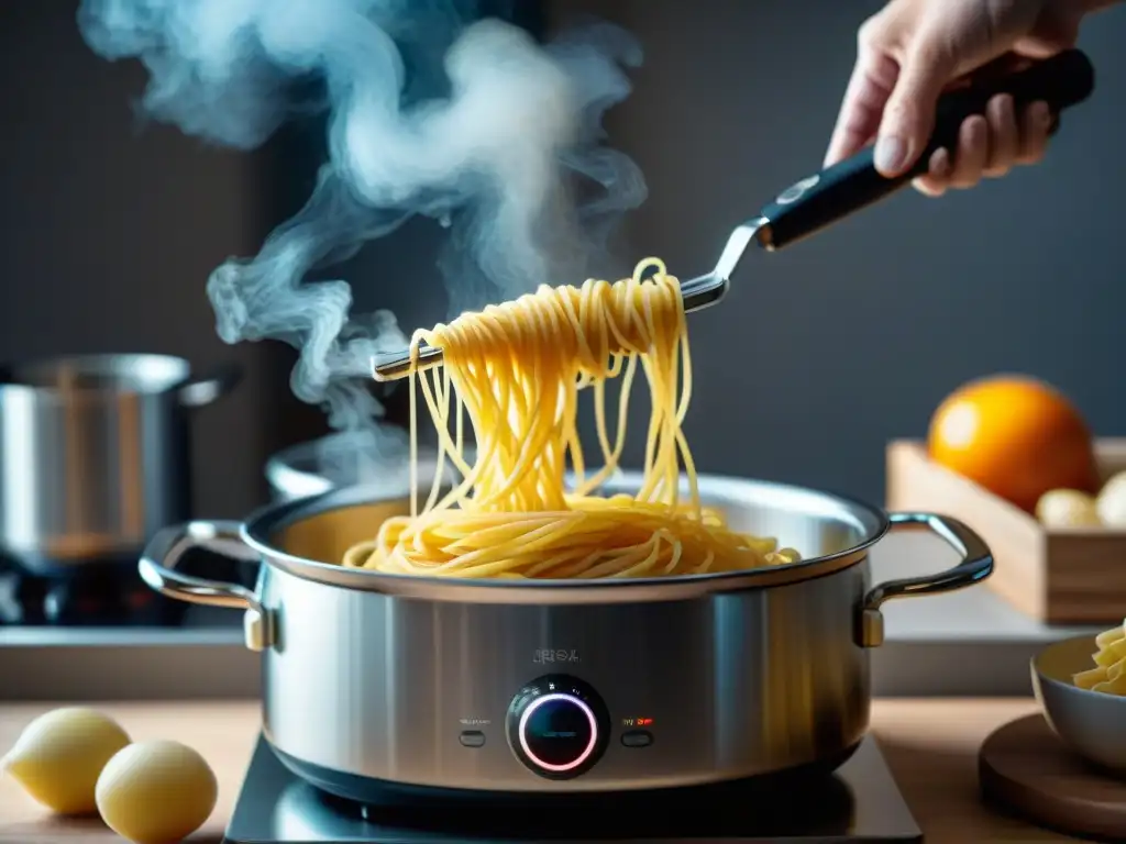 Una cocina moderna iluminada con un avanzado cocedor de pasta en acción