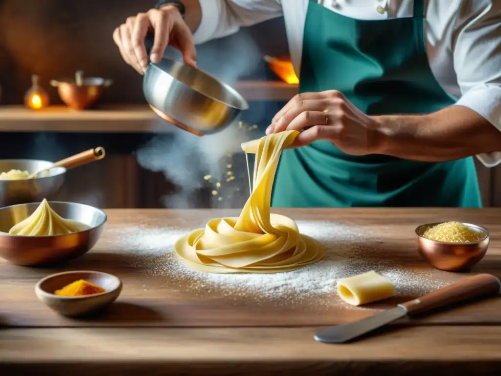 Cocina moderna italiana con raíces antiguas: Chef italiano enrolla pasta fresca rodeado de utensilios de cocina tradicionales