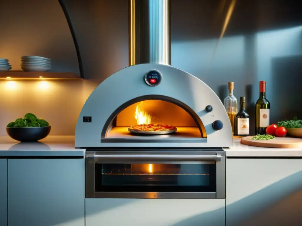 Una cocina moderna con el mejor horno de pizza casero en acero inoxidable, rodeado de ingredientes frescos y herramientas de alta gama