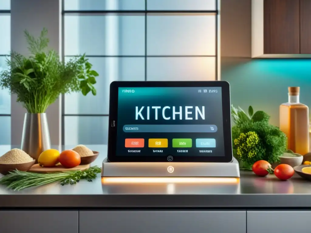 Una cocina moderna con un soporte tablet para chefs digitales, receta sofisticada y ambiente acogedor