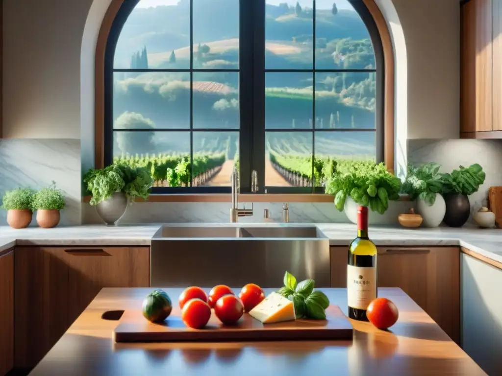 Cocina moderna con vinos de Toscana, ingredientes frescos y elegante mesa de madera