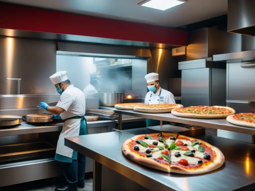 Cocina de pizzería bulliciosa con chefs enmascarados trabajando dedicadamente en pizzas, mostrando adaptación pizzerías pandemia COVID