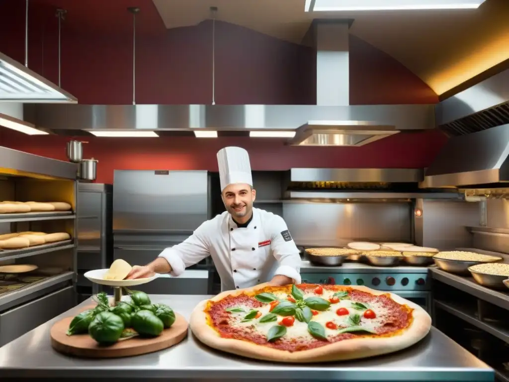 Una cocina de pizzería bulliciosa llena de chefs expertos lanzando masa al aire, rodeados de ingredientes vibrantes