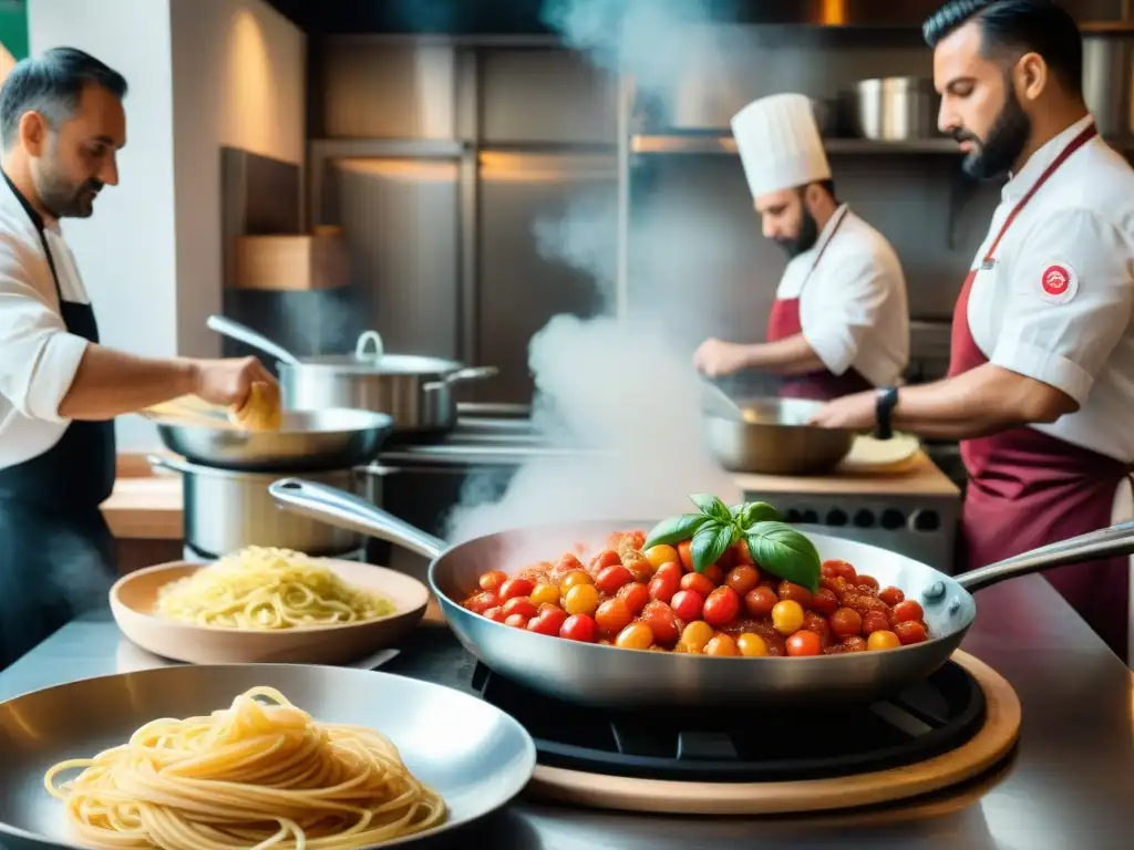 Una cocina rápida italiana auténtica cobra vida: el chef experto saltea pasta fresca mientras se preparan salsas tradicionales