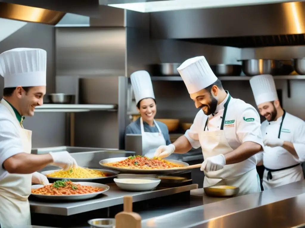 Una cocina de restaurante italiano bulliciosa con chefs en delantales cuadriculados, preparando platos de pasta coloridos