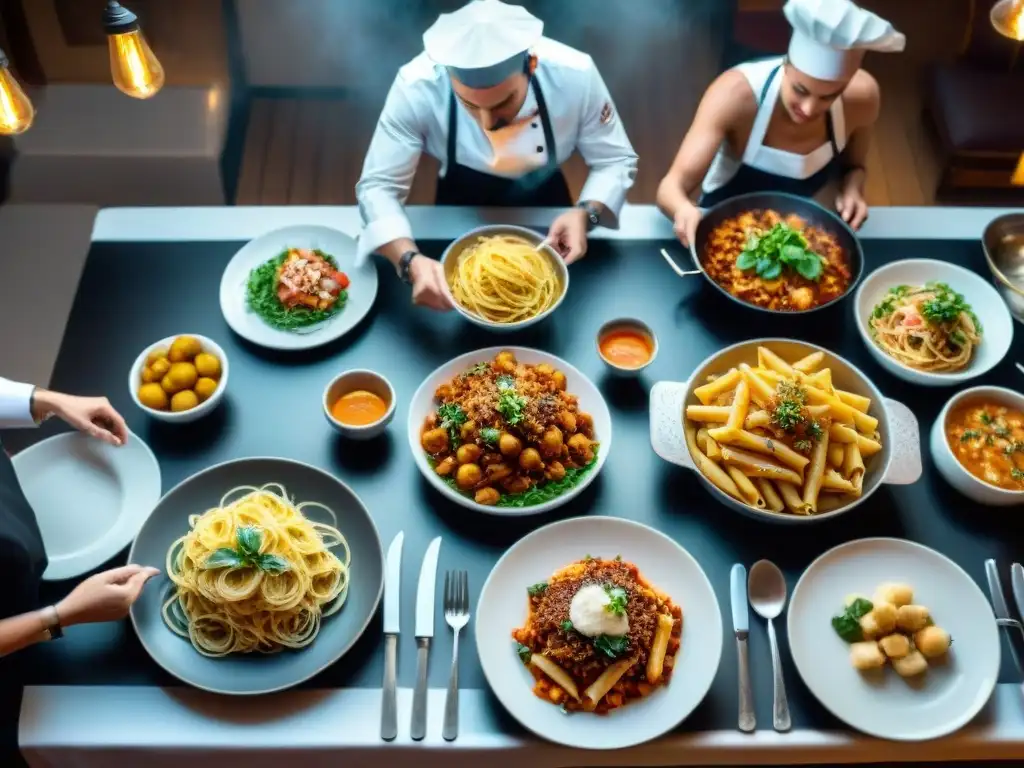 Colaboración en cocina de restaurante italiano: chefs preparan pasta mientras el personal atiende a los comensales