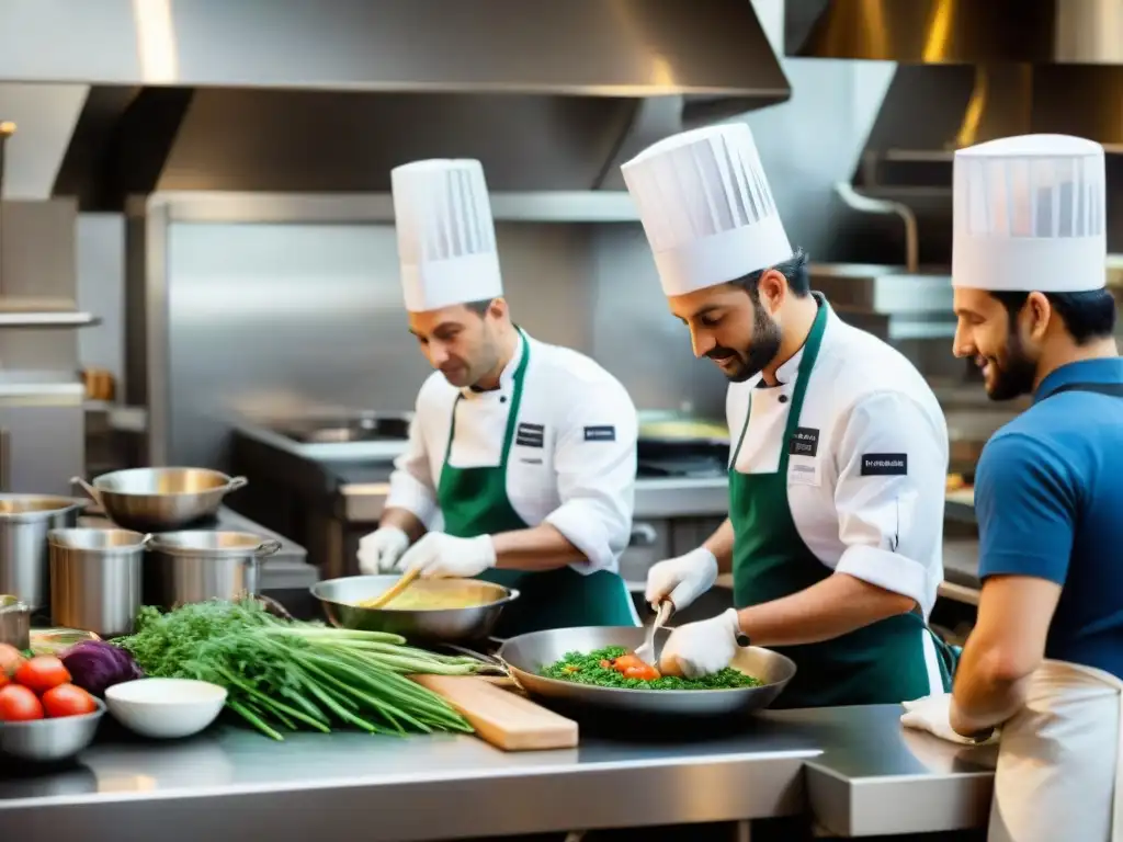 Cocina de restaurante italiano con chefs cocinando platos tradicionales con ingredientes orgánicos