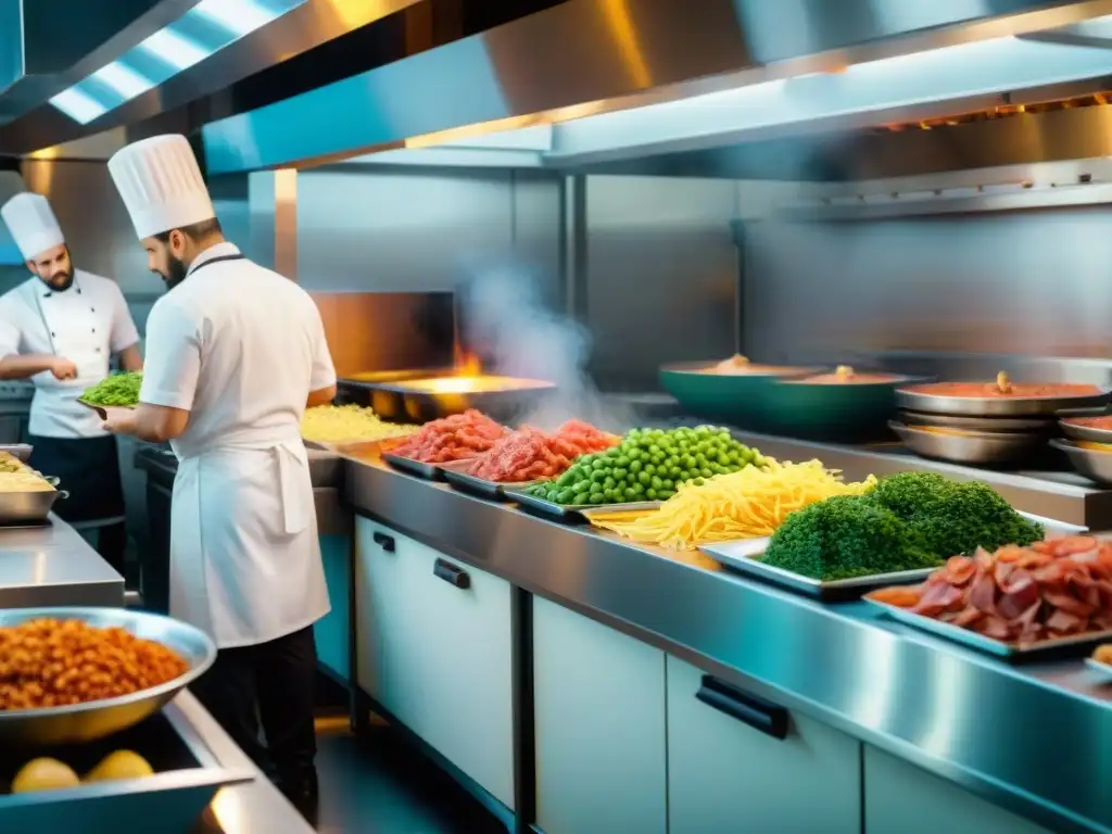 Cocina de restaurante italiano: chefs preparando comida rápida italiana saludable con ingredientes frescos y coloridos