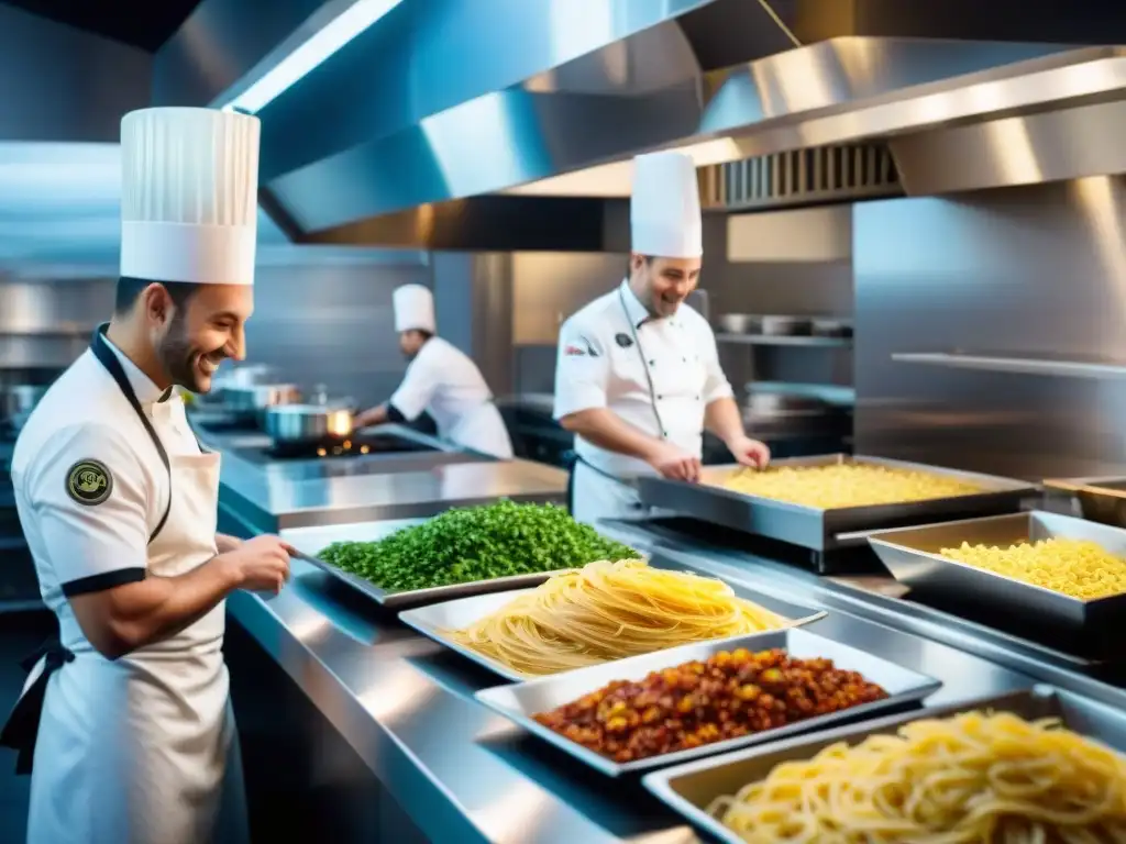 Cocina de restaurante italiano innovando energía renovable con chefs felices creando platos de pasta deliciosos