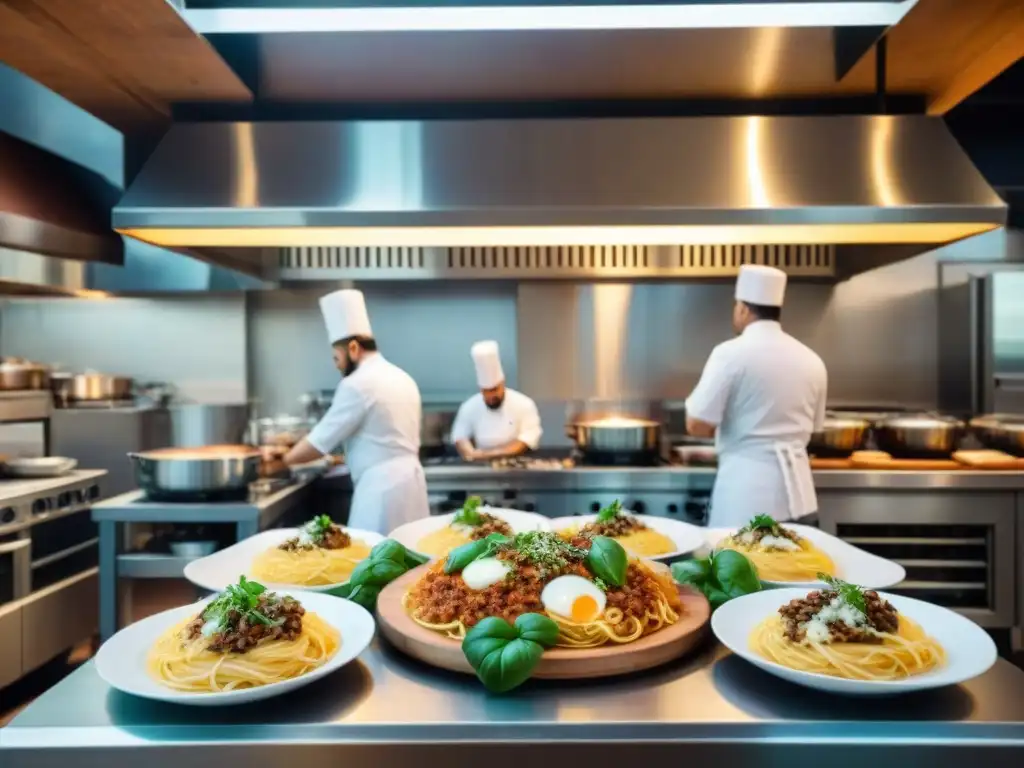 Cocina de restaurante italiano innovando energía renovable con chefs preparando platos tradicionales