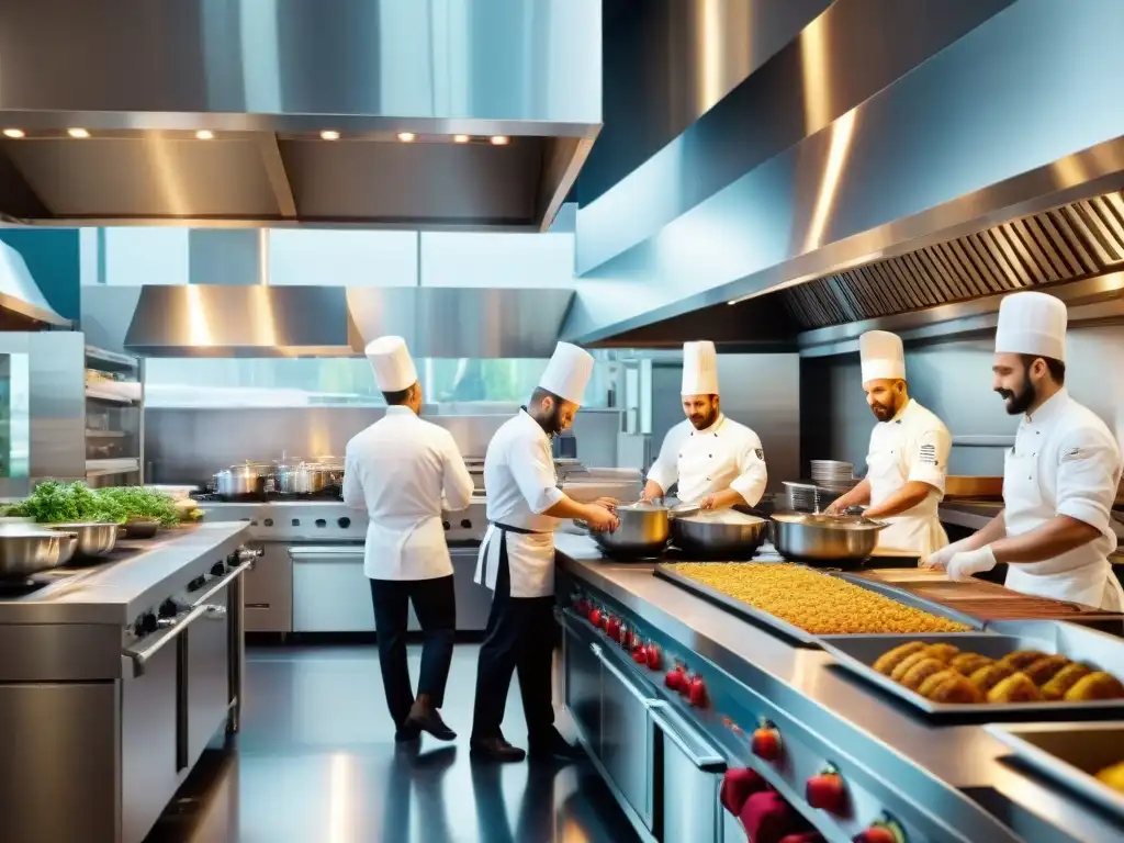 Cocina de restaurante italiano innovando energía renovable con chefs preparando platillos clásicos