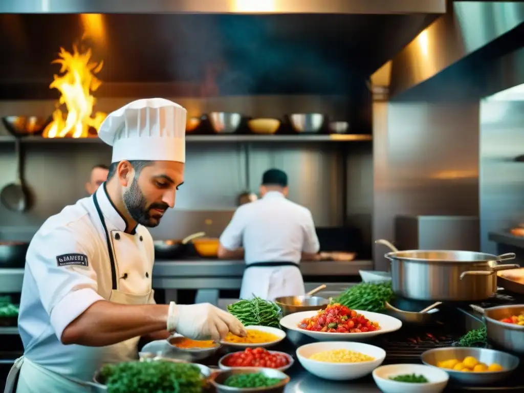 Cocina de restaurante italiano sostenible, chefs preparando platos coloridos con ingredientes locales, ambiente vibrante y lleno de pasión