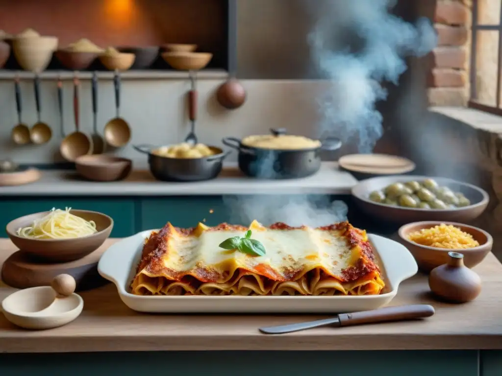 Recreación histórica de una cocina romana antigua preparando las capas de lasaña