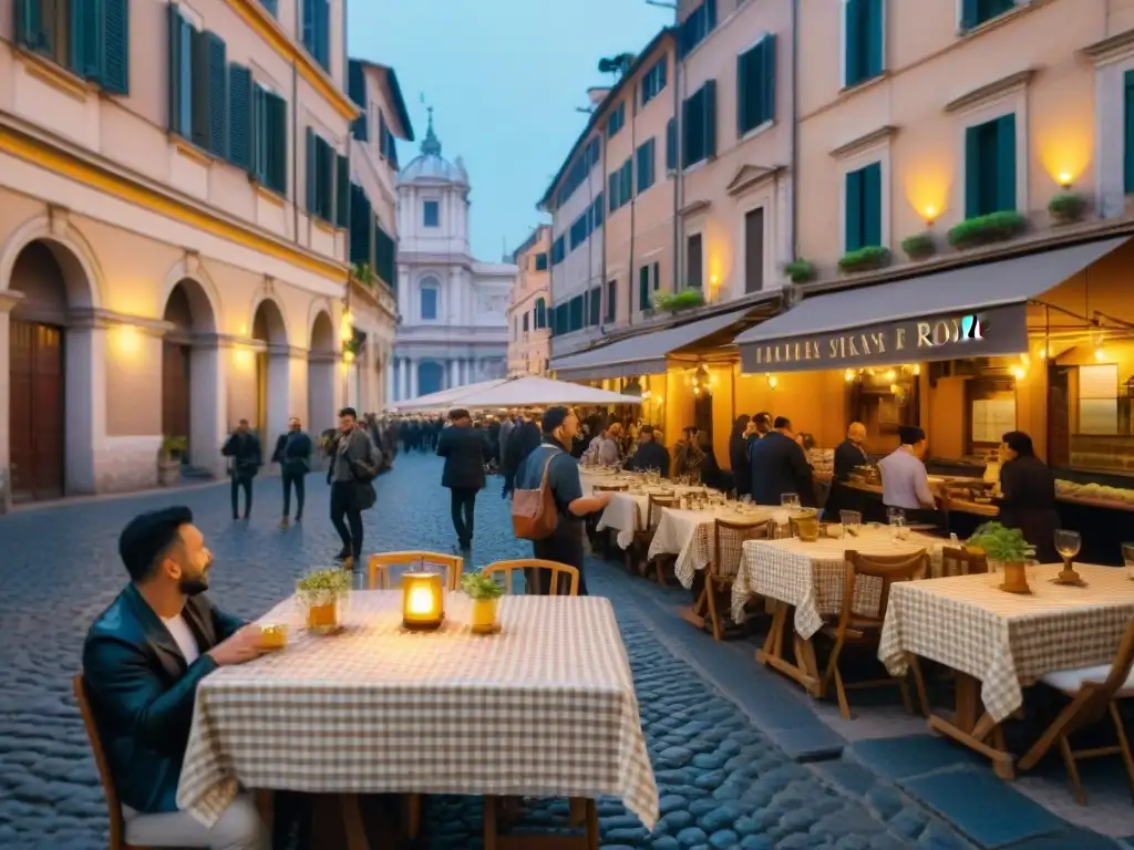 Cocina romana platos icónicos: Escena vibrante en las calles de Roma, con cafés al aire libre y platos tradicionales bajo luces cálidas