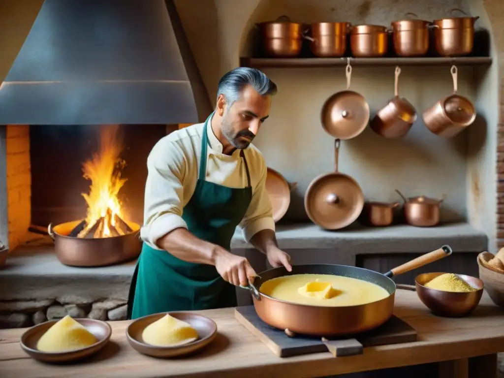 Cocina rústica en la campiña italiana, con historia de la polenta italiana