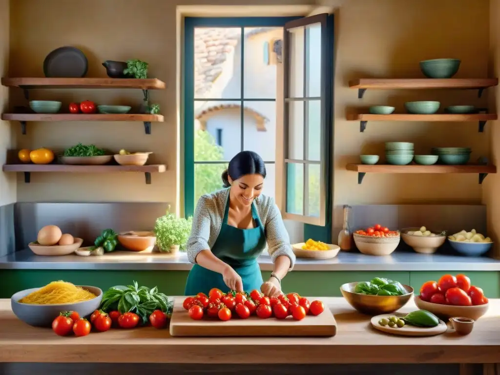 Una cocina rústica italiana iluminada, con ingredientes frescos y una nonna preparando pasta casera