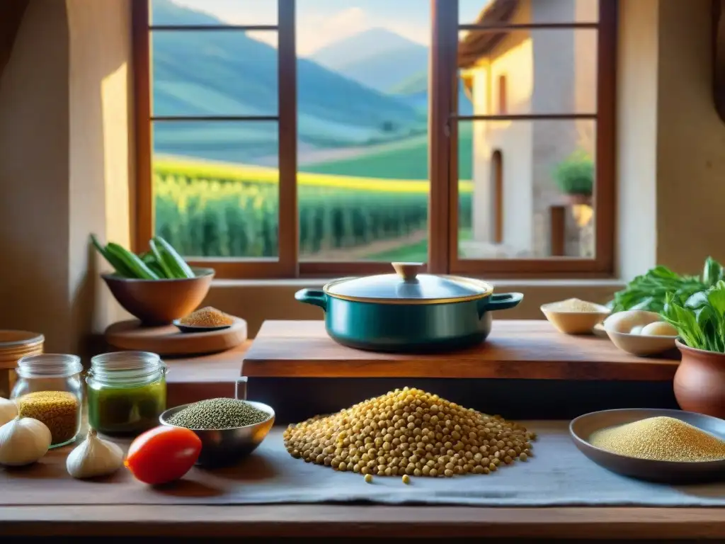 Una cocina rústica en Italia con una mesa de madera repleta de ingredientes para recetas tradicionales con lentejas Castelluccio