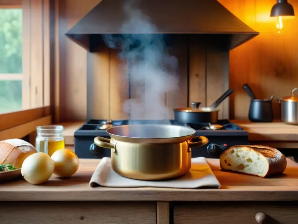 Una cocina rústica con una olla grande en la estufa vintage