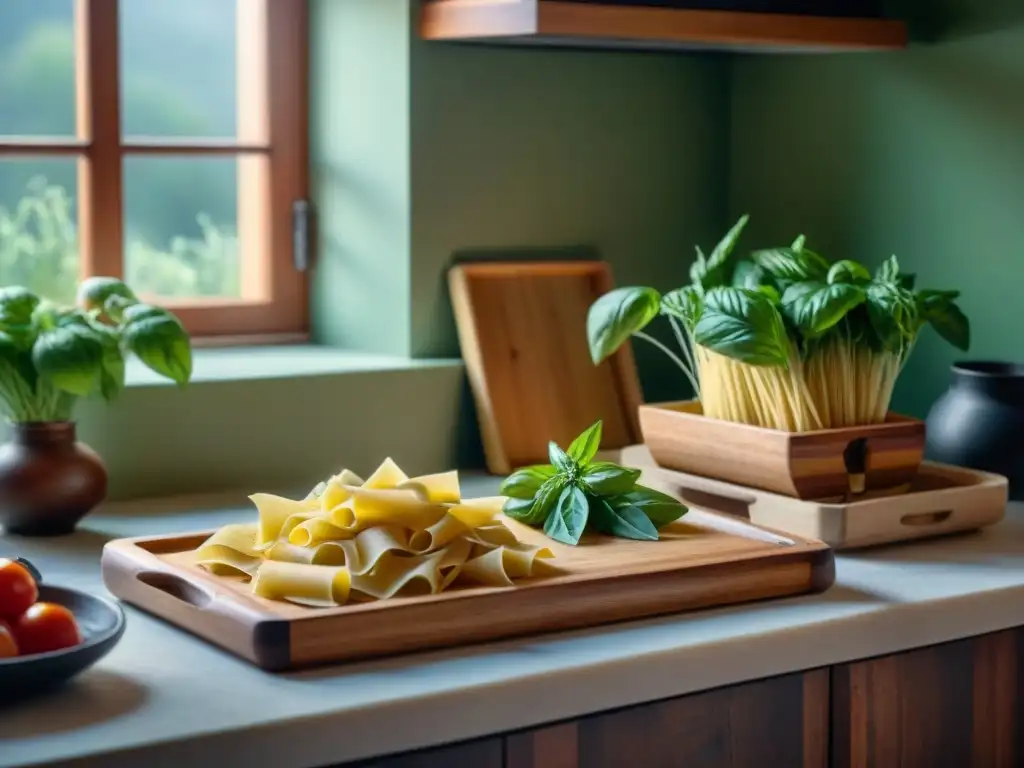 Una cocina rústica con pasta fresca y hierbas, transmitiendo la conservación adecuada de pasta fresca