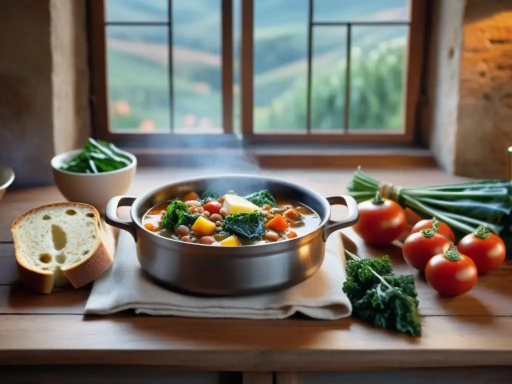 Una cocina rústica en Toscana en invierno con una olla de ribollita burbujeante en la estufa