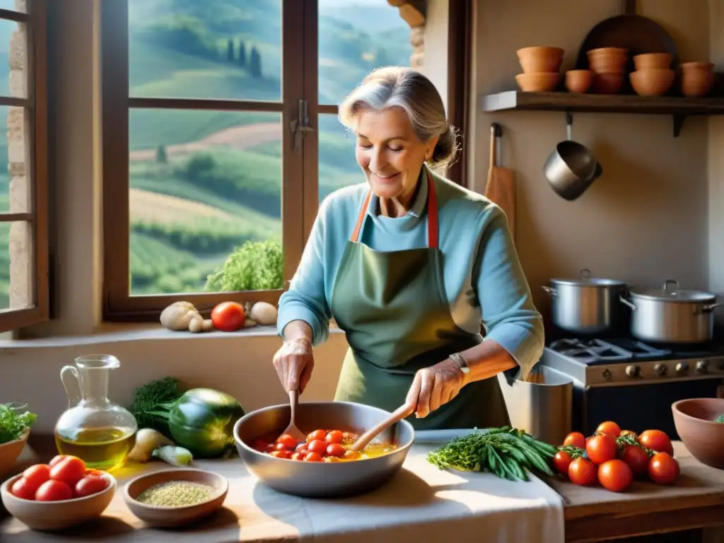 Una cocina rústica en la Toscana con una mujer mayor preparando una auténtica receta de Minestrone con verduras frescas