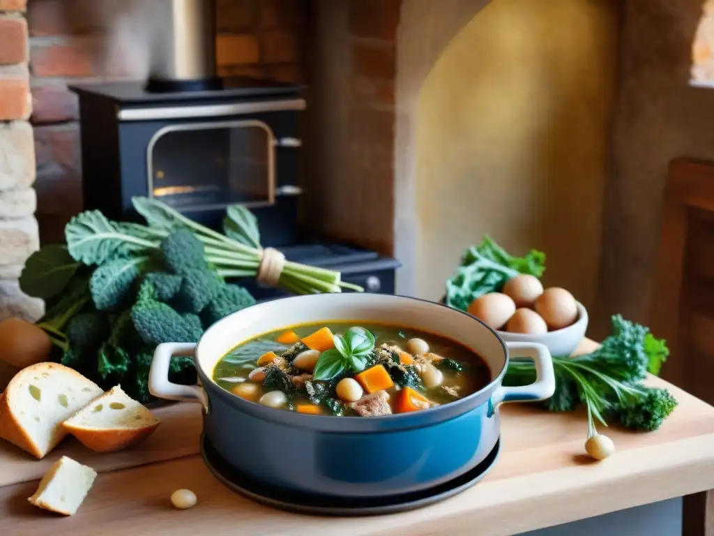 Una cocina rústica en la Toscana con una olla de Ribollita humeante en la estufa vintage