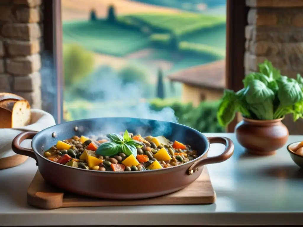 Una cocina rústica en la Toscana con una receta auténtica de Ribollita toscana en una olla burbujeante sobre la estufa vintage