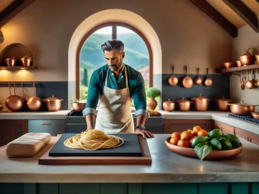 Cocina rústica en una villa toscana con chef preparando pasta fresca y utensilios de cobre, escena de alta cocina Italia