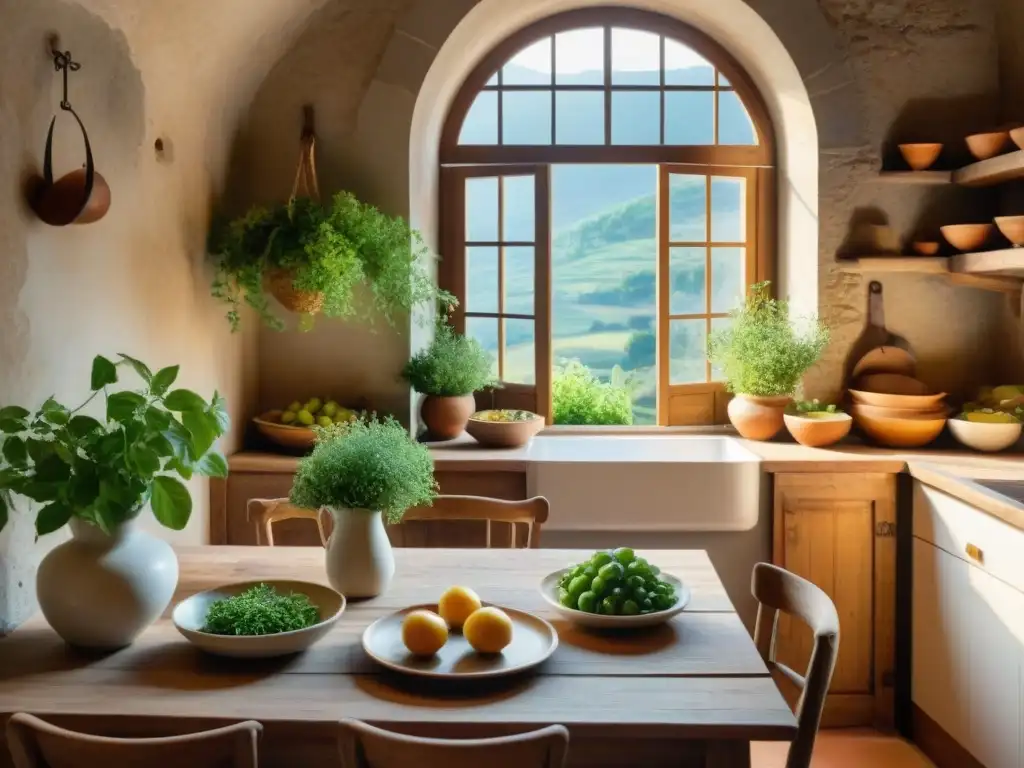 Una cocina rústica en una villa tradicional italiana con mesa de madera, vajilla vintage y recetas antiguas cocina italiana tradicionales