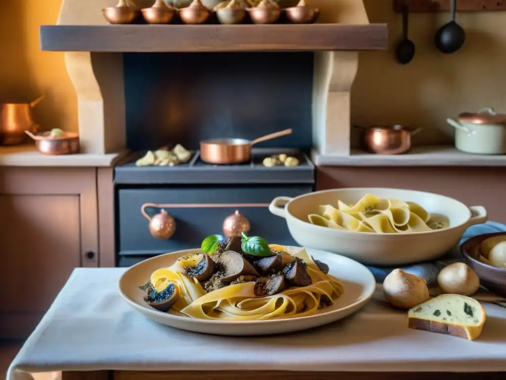 Una cocina Umbría con sabores intensos: una escena tradicional con ingredientes locales y una nonna italiana preparando pasta fresca